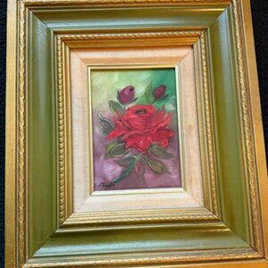 Original Vintage Floral Oil Painting - Hand Painted Red Rose - Ornate Gold Frame